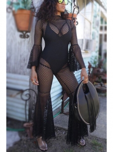 Sexy Hollow-out Black Gauze Jumpsuits