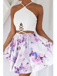 Sexy Lace-up Backless Printed Polyester Casual Dress