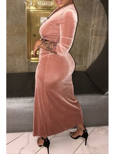 Sexy V Neck Bandage Design Pink Velvet Ankle Length Dress