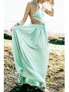 Sexy V Neck Hollow-out Green Chiffon Dress