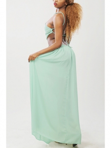 Sexy V Neck Hollow-out Green Chiffon Dress