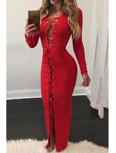 Sexy V Neck Lace-up Hollow-out Ankle Length Dress 