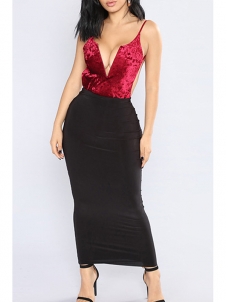 Sexy V Neck Patchwork Wine Red Dress