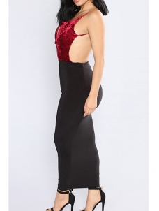 Sexy V Neck Patchwork Wine Red Dress