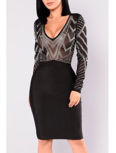 Sexy V Neck See-Through Black Bodycon Dress