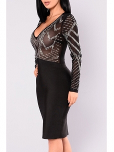 Sexy V Neck See-Through Black Bodycon Dress