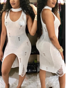 Sexy V Neck See-Through White Midi Dress