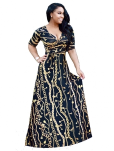 Sexy V Neck Short Sleeves Printed Ankle Length Dress 