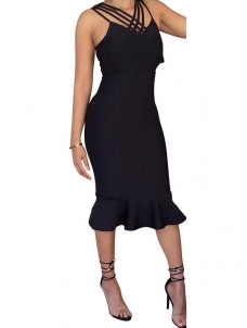 Sexy V Neck Sleeveless Falbala Midi Dress