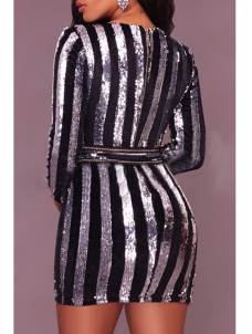 Silver Sequined Decorative Striped Mini Dress 