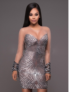Silver Sexy Round Neck Sequined Mini Dress
