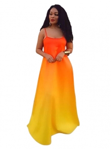 Sleeveless Printed Orange Floor Maxi Dress