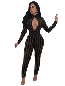 Stand Collar Hollow-out Striped Jumpsuits
