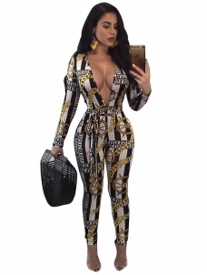 Stylish Deep V Neck Print One-piece Jumpsuits