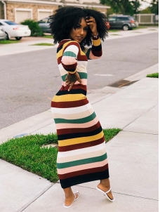Stylish Round Neck Striped Polyester Sheath Maxi Dress 