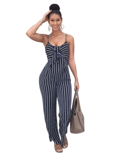 Stylish Striped Royalblue Cotton One-piece Jumpsuits 