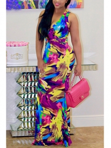 Stylish V Neck  Sleeveless Printed Length Dress
