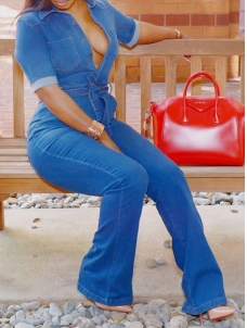 Stylish V Neck Lace-up Blue Denim One-piece Jumpsuits  