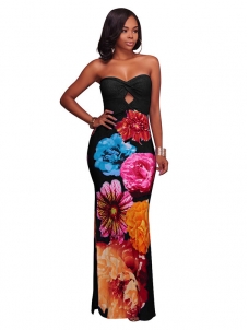 Trendy  Floral Print Black Polyester Sheath Dress