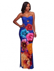 Trendy  Floral Print Blue Polyester Sheath Dress