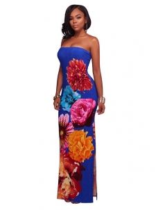 Trendy  Floral Print Blue Polyester Sheath Dress