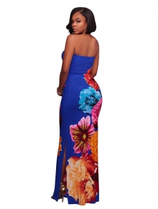 Trendy  Floral Print Blue Polyester Sheath Dress
