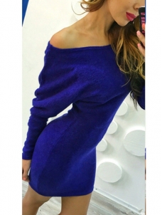 Trendy Dew Shoulder  Blue  Polyester  Mini Dress