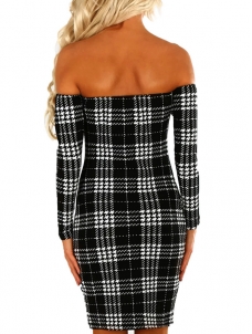 Trendy Dew Shoulder Grid Knee Length Dress