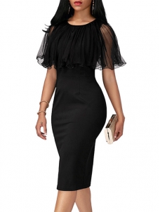 Trendy Round Neck Gauze Patchwork Black Dress