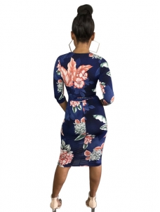 Trendy V Neck Floral Print Polyester Sheath Knee Length Dress