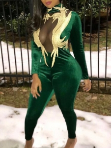 Turtleneck Patchwork See-Through Jumpsuits