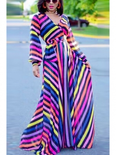 V Neck Long Sleeves Striped Printed Maxi Dress