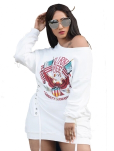 V Neck Printed White Casual Dress 