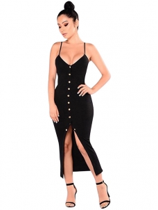 V Neck Single-breasted Design Mid Dress