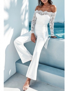 White Dew Shoulder Lace Trim Patchwork Jumpsuits