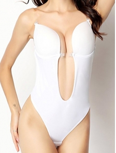 White Plunging V-Neck Clear Straps Backless Bodysuit