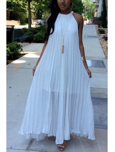 White Round Neck Dew Shoulder Sleeveless Maxi Dress