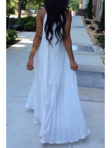 White Round Neck Dew Shoulder Sleeveless Maxi Dress