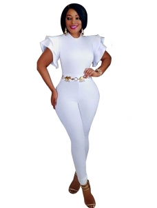 White Round Neck Lotus Leaf Sleeves Jumpsuits