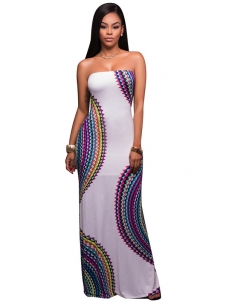 White Round Neck Sleeveless Printed Backless Dress