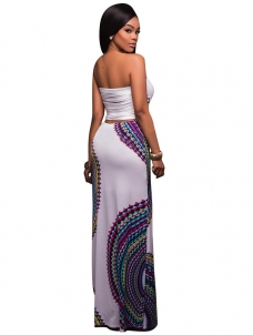 White Round Neck Sleeveless Printed Backless Dress