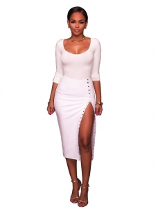 White Sexy Round Neck Side Split Midi Dress