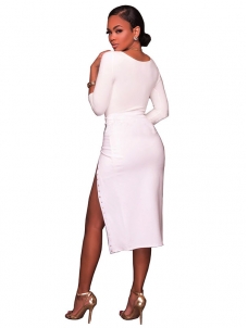 White Sexy Round Neck Side Split Midi Dress