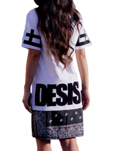 White Short Sleeves Print  Zipper  Casual Dress 