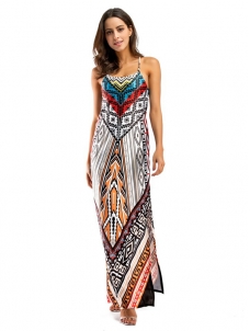 White Stylish Spaghetti Strap Printed Maxi Dress