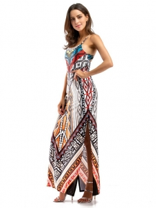 White Stylish Spaghetti Strap Printed Maxi Dress