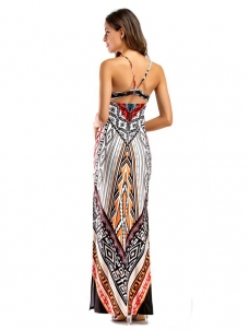 White Stylish Spaghetti Strap Printed Maxi Dress