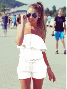 White Stylish Strapless Falbala One-piece Jumpsuits