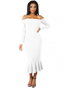 White Trendy Falbala Design Sheath Dress 