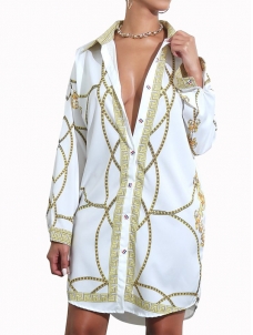 White Trendy Turndown Collar Printed Dress